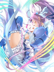 Rule 34 | 1girl, 1other, blue choker, blue footwear, blue skirt, boots, brooch, cat, choker, clear glass (mildmild1311), closed eyes, cure beat, frills, hair ornament, highres, hummy (suite precure), jewelry, kurokawa eren, long hair, magical girl, precure, purple hair, ribbon, side ponytail, skirt, smile, suite precure, thigh boots, thighhighs