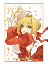 Rule 34 | 1girl, ahoge, anniversary, back cutout, blonde hair, border, clothing cutout, commentary, dress, english commentary, fate/extra, fate/grand order, fate (series), green eyes, hair bun, hair intakes, highres, long sleeves, nero claudius (fate), nero claudius (fate) (all), open mouth, orange border, puffy long sleeves, puffy sleeves, red dress, simple background, solo, wide sleeves, yellow background, zhang5180