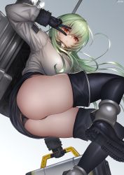 Rule 34 | 1girl, artist name, ass, banshee (last origin), black gloves, black panties, black thighhighs, boots, breasts, brick (atelier brick), commentary request, floating hair, from below, gloves, green hair, hair between eyes, hand up, huge breasts, last origin, light green hair, long hair, looking at viewer, looking down, miniskirt, open mouth, panties, pantyshot, red eyes, revision, skirt, solo, thigh boots, thighhighs, thighs, underwear, v, v over eye