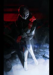 Rule 34 | 1boy, amamiya ren, black coat, black hair, btmr game, calling card, checkered floor, coat, commentary, crossed legs, gloves, hair between eyes, holding, long sleeves, male focus, mask, persona, persona 5, pillarboxed, red gloves, signature, sitting, solo, sparkle, symbol-only commentary, white mask