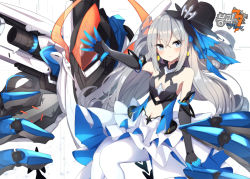 Rule 34 | 1girl, bad id, bad pixiv id, bare shoulders, breasts, bronya zaychik, bronya zaychik (herrscher of reason), cannon, center opening, closed mouth, copyright name, dress, elbow gloves, gloves, grey eyes, honkai (series), honkai impact 3rd, layered dress, long hair, looking at viewer, mecha, outstretched arm, pantyhose, project bunny, robot, silver hair, sitting, small breasts, solo, stomach, v-shaped eyebrows, very long hair, w.k, white dress, white pantyhose