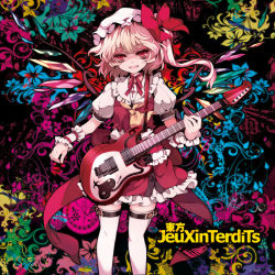 Rule 34 | 1girl, album cover, blonde hair, blouse, collared shirt, cover, female focus, flandre scarlet, french text, guitar, hat, instrument, iosys, mob cap, ponytail, red eyes, shirt, short hair, side ponytail, solo, thighhighs, touhou, uruu gekka, white hat, white shirt, white thighhighs, wings