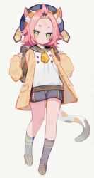 Rule 34 | 1girl, animal ear fluff, animal ears, bangs pinned back, black headwear, black sailor collar, cardigan, cat ears, cat girl, cat tail, child, commentary, diona (genshin impact), genshin impact, green eyes, grey shorts, highres, necktie, open cardigan, open clothes, pink hair, sailor collar, short hair, shorts, simple background, socks, solo, symbol-only commentary, tail, tomo (ryo i so ), white background, yellow cardigan, yellow necktie