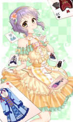 Rule 34 | 1girl, absurdres, ace (playing card), ace of diamonds, ace of spades, bow, bowtie, buttons, card, checkered clothes, collarbone, commentary request, diamond (shape), dress, eight of clubs, flat chest, flower, four of diamonds, frilled dress, frilled gloves, frills, gloves, green background, hair flower, hair ornament, hairband, highres, holding, holding card, idolmaster, idolmaster million live!, idolmaster million live! theater days, looking at viewer, makabe mizuki, makamakaimas, official alternate costume, orange hairband, pink bow, pink bowtie, playing card, puffy short sleeves, puffy sleeves, purple hair, short hair, short sleeves, sidelocks, skirt hold, smile, solo, spade (shape), ten of clubs, ten of hearts, ten of spades, wavy hair, white gloves, yellow dress, yellow eyes