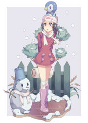 Rule 34 | 1girl, bag, beanie, black hair, blue eyes, blush, boots, border, bright pupils, bucket, creatures (company), dawn (pokemon), dress, duffel bag, female focus, fence, flat chest, full body, game freak, gen 4 pokemon, grass, hair ornament, hairclip, hat, hikawa meijin, knee boots, long hair, long sleeves, nintendo, on head, open mouth, outdoors, outside border, over-kneehighs, pink dress, pink footwear, piplup, poke ball symbol, pokemon, pokemon (creature), pokemon dppt, pokemon on head, pokemon platinum, scarf, short dress, snow, snowing, snowman, solo focus, standing, stick, thighhighs, tree, white border, white headwear, white scarf, white thighhighs