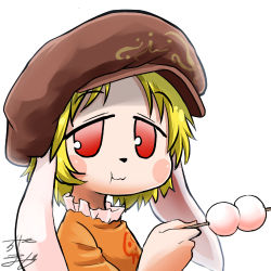 Rule 34 | 1girl, animal ears, animal nose, profile picture, blonde hair, blush stickers, cabbie hat, chamaji, close-up, dango, eating, food, frills, hat, holding, holding food, looking at viewer, lowres, orange shirt, rabbit ears, red eyes, ringo (touhou), shirt, short hair, signature, simple background, solo, stick, touhou, upper body, wagashi, white background
