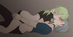Rule 34 | 1boy, 1girl, ashe ubert, ass, assisted exposure, black panties, black pants, blush, breasts, breasts out, byleth (female) (fire emblem), byleth (fire emblem), closed eyes, clothes lift, clothes pull, couple, fire emblem, fire emblem: three houses, green hair, grey background, hand in another&#039;s hair, happy, heavy breathing, hetero, kiss, lying, nintendo, panties, pants, pants pull, panty pull, shirt lift, short sleeves, sideboob, silver hair, simple background, underwear, yori (a a yori)