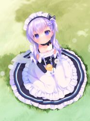 Rule 34 | 1girl, :o, aged down, apron, azur lane, belfast (azur lane), bird, black dress, blush, braid, chick, collarbone, commentary request, day, dress, dutch angle, frilled apron, frilled dress, frills, gloves, grass, hair between eyes, holding, long hair, looking at viewer, maid headdress, on grass, outdoors, parted lips, piyodera mucha, purple eyes, purple hair, sitting, solo, waist apron, white apron, white gloves