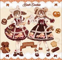 Rule 34 | 2girls, :o, animal ear hood, animal ears, ankle socks, bandaid, bandaid on knee, bandaid on leg, banner, bear charm, bear ears, blunt bangs, blush stickers, bow, bow legwear, bowl, bowtie, braid, bread, brown background, brown bow, brown bowtie, brown dress, brown eyes, brown footwear, brown hair, brown hood, brown ribbon, center frills, checkered background, collared shirt, commentary, commission, cookie, cookie print, cross-laced clothes, cross-laced footwear, cross-laced top, detached hood, dress, drill hair, english commentary, english text, eyelashes, eyeshadow, fake animal ears, flour, food, frilled dress, frilled gloves, frilled sailor collar, frilled sleeves, frilled wrist cuffs, frills, full body, fur hood, gloves, hair bow, hat, hat bow, highres, holding, holding bowl, holding food, holding plate, holding sack, holding whisk, hood, ice cream, ice cream sandwich, lace, lace-trimmed dress, lace trim, leg ribbon, lolita fashion, long hair, looking at another, looking at object, low twin braids, makeup, mary janes, medium dress, multiple girls, open mouth, original, plate, polka dot, polka dot dress, pom pom (clothes), pretzel, puffy short sleeves, puffy sleeves, putong xiao gou, rabbit ears, raccoon, red bow, red bowtie, red dress, red eyeshadow, ribbon, ribbon-trimmed dress, sack, sailor collar, shirt, shoes, short sleeves, single stripe, sleeve bow, sleeveless, sleeveless dress, smile, socks, spill, stirring, straight-on, striped bow, striped bowtie, striped clothes, stuffed animal, stuffed toy, teddy bear, teeth, twin braids, twin drills, two-tone background, upper teeth only, whisk, white gloves, white sailor collar, white shirt, white socks, white wrist cuffs, wrist bow, wrist cuffs, yellow background