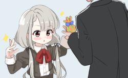 Rule 34 | 1boy, 1girl, bag, black jacket, black ribbon, blue bow, blush stickers, bow, brown eyes, collared shirt, commentary request, dress shirt, grey background, grey hair, hair ribbon, hands up, head out of frame, hisakawa nagi, holding, holding bag, idolmaster, idolmaster cinderella girls, idolmaster cinderella girls starlight stage, jacket, juliet sleeves, long hair, long sleeves, looking away, low twintails, parted lips, producer (idolmaster), puffy sleeves, red bow, ribbon, shirt, shiwa (siwaa0419), simple background, sparkle, twintails, upper body, very long hair, white shirt