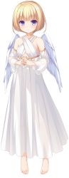 Rule 34 | 1girl, angel wings, barefoot, blonde hair, blue eyes, detached sleeves, dress, feathered wings, full body, highres, jewelry, long dress, mikagami mamizu, neck ring, official art, parfil, short hair, smile, solo, steepled fingers, transparent background, white dress, white wings, wings, world election