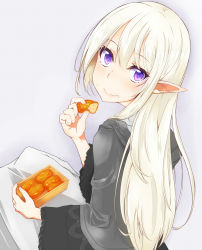 Rule 34 | 1girl, bad id, bad pixiv id, bento, black shirt, blush, closed mouth, eating, elf, food, food on face, fringe trim, grey background, hair between eyes, head tilt, highres, long hair, long skirt, long sleeves, looking at viewer, looking back, mechanical pencil, original, pencil, pointy ears, purple eyes, robe, shirt, skirt, solo, suu2510, wavy mouth, white hair, white skirt