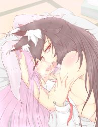 Rule 34 | 2girls, animal ears, blush, breast press, breasts, brown hair, rabbit ears, cube85, dress shirt, french kiss, imaizumi kagerou, kiss, large breasts, long hair, looking at viewer, multiple girls, nude, open clothes, open mouth, open shirt, purple eyes, purple hair, red eyes, reisen udongein inaba, saliva, saliva trail, shirt, smile, tongue, tongue out, touhou, wolf ears, yuri