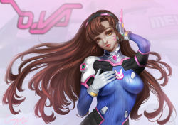 Rule 34 | 10s, 1girl, 2016, alternate eye color, animal print, arm up, armor, artist name, bodysuit, bracer, breasts, breasts apart, brown hair, character name, closed mouth, covered navel, d.va (overwatch), dated, eyelashes, facepaint, facial mark, gloves, hand on own chest, hand on own head, hand up, headphones, highres, lips, lipstick, long hair, long sleeves, makeup, mecha, medium breasts, meka (overwatch), overwatch, overwatch 1, pauldrons, pilot suit, pink eyes, pink lips, rabbit print, ribbed bodysuit, robot, shoulder armor, shoulder pads, signature, skin tight, smile, solo, turtleneck, upper body, whisker markings, white gloves, yellow eyes