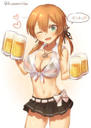 Rule 34 | 10s, 1girl, ;d, alcohol, anchor hair ornament, anchor necklace, bare arms, bare shoulders, beer, beer mug, bikini, bikini top only, black skirt, blonde hair, blush, bow, breasts, cleavage, collarbone, contrapposto, cowboy shot, crop top, cup, flag print, front-tie top, german flag, german flag bikini, gradient background, green eyes, hair between eyes, hair ornament, halterneck, heart, holding, jewelry, kantai collection, long hair, looking at viewer, medium breasts, miniskirt, mk, mug, navel, necklace, one eye closed, open mouth, pendant, pleated skirt, prinz eugen (kancolle), see-through, shirt, skirt, sleeveless, sleeveless shirt, smile, solo, speech bubble, standing, stomach, striped bikini, striped clothes, swimsuit, tareme, thighs, translation request, twitter username, w arms, wet, wet clothes, wet shirt, white bow, white shirt, wing collar, yellow background
