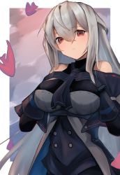 Rule 34 | 1girl, absurdres, arknights, arm cuffs, ascot, bad id, bad pixiv id, bare shoulders, black ascot, black gloves, breasts, closed mouth, commentary, gloves, grey hair, hair between eyes, hands on own chest, highres, large breasts, long hair, no headwear, simple background, skadi (arknights), skadi (elite ii) (arknights), solo, upper body, worimehl
