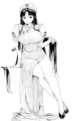 Rule 34 | 1girl, absurdres, banned artist, breasts, closed mouth, highres, hong meiling, kamiyama aya, large breasts, monochrome, simple background, sitting, smile, solo, touhou, white background