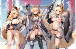 Rule 34 | 3girls, 463 jun, absurdres, animal ears, arknights, armor, armored boots, bad id, bad pixiv id, bar censor, belt, black bow, black gloves, black headwear, black thighhighs, blemishine (arknights), blonde hair, blue eyes, blush, boots, bottomless, bow, breasts, breasts out, cape, capelet, censored, chinese commentary, closed mouth, clothes pull, covered erect nipples, earpiece, feet out of frame, fur-trimmed capelet, fur trim, garrison cap, gloves, gluteal fold, grey shirt, hair between eyes, hair bow, hand on own hip, hat, highres, holding, holding shield, holding sword, holding weapon, horse ears, horse girl, horse tail, kingdom of kazimierz logo, large breasts, leg armor, long hair, looking at viewer, medal, multiple girls, navel, nearl (arknights), nearl the radiant knight (arknights), nipples, no panties, one breast out, open mouth, orange eyes, outstretched arm, parted bangs, pelvic curtain, ponytail, puffy nipples, pussy, scribble censor, shield, shirt, shirt pull, siblings, sidelocks, sisters, smile, standing, stomach, sweat, sword, tail, test tube, thigh strap, thighhighs, thighhighs under boots, thighs, torn clothes, torn legwear, vambraces, waist cape, weapon, whislash (arknights), white cape, white capelet