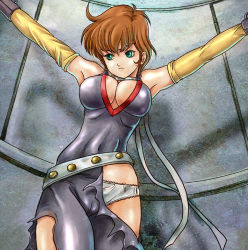 Rule 34 | 1980s (style), 1girl, armpits, bad id, bad pixiv id, bdsm, belt, bondage, bound, breasts, brown hair, cameltoe, chain, choker, cleavage, covered navel, cuffs, elbow gloves, frown, gloves, green eyes, large breasts, lowres, makyou densetsu acrobunch, minakaya, oldschool, panties, randou reika, retro artstyle, shackles, short hair, solo, torn clothes, underwear, white panties, yellow gloves