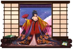 Rule 34 | 1girl, ahoge, architecture, azur lane, black hair, book, breasts, cherry blossoms, collarbone, crossed bangs, east asian architecture, feathers, hand fan, highres, hiki furisode, japanese clothes, kanzaki kureha, large breasts, long hair, off shoulder, petals, ponytail, red eyes, scroll, sliding doors, solo, standing, taihou (azur lane), wooden floor