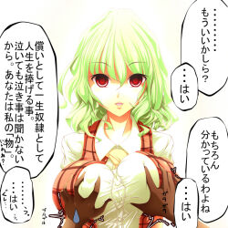 Rule 34 | 1boy, 1girl, grabbing another&#039;s breast, breasts, empty eyes, expressionless, grabbing, green hair, hetero, kazami yuuka, large breasts, looking at viewer, open mouth, pov, red eyes, short hair, short sleeves, simple background, skirt, touhou, translation request, yanmarson