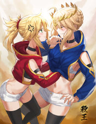Rule 34 | 2girls, ahoge, anger vein, artoria pendragon (fate), artoria pendragon (lancer) (fate), black legwear, blonde hair, blush, braid, breasts, choker, closed eyes, detached collar, detached sleeves, fate/apocrypha, fate/grand order, fate (series), french braid, green eyes, hair between eyes, hair ornament, hair scrunchie, highres, hood, hoodie, incest, large breasts, long hair, long sleeves, mordred (fate), mordred (fate/apocrypha), mother and daughter, multiple girls, navel, parted bangs, ponytail, pout, puffy cheeks, red scrunchie, scrunchie, short shorts, shorts, sidelocks, small breasts, thighhighs, thighs, tonee, white shorts, wince