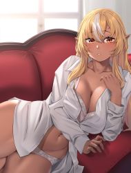 Rule 34 | 1girl, blonde hair, blush, bra, breasts, breasts squeezed together, cleavage, collarbone, collared shirt, couch, dark-skinned female, dark skin, elf, eyes visible through hair, highres, hololive, indoors, large breasts, long hair, long sleeves, looking at viewer, lying, moisture (chichi), multicolored hair, navel, on side, orange eyes, panties, parted lips, pointy ears, shiranui flare, shirt, streaked hair, underwear, virtual youtuber, white hair, white panties, white shirt