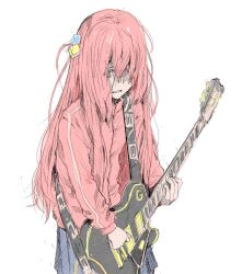 Rule 34 | 1girl, bocchi the rock!, commentary request, cube hair ornament, electric guitar, gibson les paul, gotoh hitori, grey skirt, guitar, hair ornament, hair over eyes, highres, holding, holding instrument, instrument, jacket, long hair, one side up, parted lips, pink hair, pink jacket, simple background, sketch, skirt, solo, tamaoki benkyou, track jacket, upper body, white background
