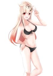 Rule 34 | 1girl, :d, alternate costume, bare shoulders, bikini, black bikini, black ribbon, blonde hair, collarbone, feet out of frame, gradient hair, hair flaps, hair ornament, hair ribbon, hairclip, hand on own hip, highres, kantai collection, long hair, looking at viewer, midriff, multicolored hair, navel, numarinko, open mouth, red eyes, ribbon, simple background, smile, solo, swimsuit, v, white background, yuudachi (kancolle), yuudachi kai ni (kancolle)