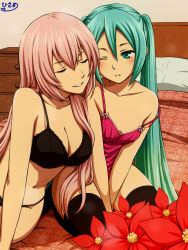 Rule 34 | 2girls, aqua eyes, aqua hair, arm support, artist name, bare arms, bare shoulders, bed, between legs, black bra, black panties, blush, bra, breasts, cleavage, collarbone, couple, closed eyes, female focus, flower, frilled panties, frills, green eyes, green hair, hair between eyes, hatsune miku, indoors, kurohisame, large breasts, lingerie, long hair, looking at another, megurine luka, midriff, multiple girls, navel, off shoulder, one eye closed, panties, parted lips, pillow, pink hair, seiza, sitting, small breasts, smile, strap slip, thighhighs, twintails, underwear, v arms, very long hair, vocaloid, wince, yuri