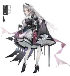 Rule 34 | 1girl, absurdres, ammunition belt, arknights, black dress, black footwear, black gloves, blush, commentary, dress, earrings, english commentary, full body, gloves, grey eyes, grey hair, gun, handgun, head wings, high heels, highres, holding, holding lantern, irene (arknights), jewelry, lantern, long hair, long sleeves, looking at viewer, multicolored clothes, multicolored dress, pantyhose, revolver, sheath, sheathed, simple background, skirt hold, solo, standing, sword, tupolev-160 (artist), weapon, white background, white pantyhose, wings