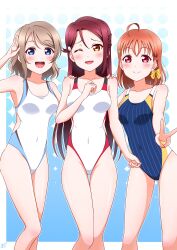Rule 34 | 3girls, :d, ;d, absurdres, ahoge, bare arms, bare legs, blue eyes, blue one-piece swimsuit, blush, bow, breasts, brown hair, closed mouth, clover hair ornament, collarbone, competition swimsuit, covered navel, hair between eyes, hair bow, hair ornament, hairclip, hand on another&#039;s shoulder, haruharo (haruharo 7315), highres, long hair, looking at viewer, love live!, love live! sunshine!!, medium breasts, multiple girls, one-piece swimsuit, one eye closed, open mouth, red eyes, red hair, sakurauchi riko, salute, small breasts, smile, standing, striped clothes, striped one-piece swimsuit, swimsuit, takami chika, thigh gap, v, vertical-striped clothes, vertical-striped one-piece swimsuit, watanabe you, white one-piece swimsuit, yellow bow, yellow eyes