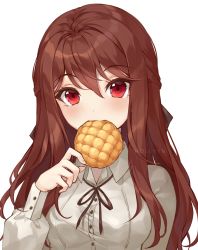 Rule 34 | 1girl, :3, artist name, blush, bread, brown hair, collared shirt, eating, food, food in mouth, hair intakes, hair over shoulder, half updo, hand up, hollyyn, long hair, long sleeves, looking at viewer, melon bread, neck ribbon, original, puffy long sleeves, puffy sleeves, ribbon, shirt, simple background, smile, solo