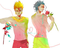 Rule 34 | 2boys, ahoge, bad id, bad pixiv id, black hair, blonde hair, blue flower, blue hair, blue rose, butt crack, diarmuid ua duibhne (lancer) (fate), earrings, fate/zero, fate (series), flower, gilgamesh (fate), groin, heart, heart of string, jewelry, male focus, mctee, mole, mole under eye, multiple boys, necklace, one eye closed, red eyes, red flower, red rose, rose, shorts, topless male, white background, wink, yellow eyes