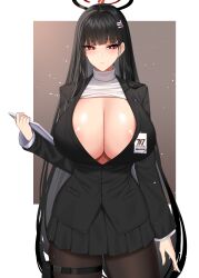 Rule 34 | 1girl, absurdres, areola slip, black hair, black jacket, black pantyhose, black skirt, blue archive, breasts, bright pupils, chixiao, cleavage, hair ornament, hairclip, halo, highres, holding, holding tablet pc, holster, huge breasts, id card, jacket, long hair, pantyhose, pink sweater, pleated skirt, red eyes, rio (blue archive), skirt, solo, sweater, tablet pc, thigh holster, turtleneck, turtleneck sweater, very long hair, white pupils, white sweater