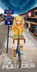 Rule 34 | 1girl, bad id, bad perspective, bad pixiv id, bicycle, blonde hair, blush, casual, cellphone, copyright name, erimo haruka, full body, full moon, hand in pocket, highres, hikaru (houkago no pleiades), houkago no pleiades, long hair, moon, phone, shoes, skirt, smartphone, smile, sneakers, socks, solo, stepped on, sweater, twintails, vest, yellow eyes