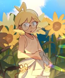 Rule 34 | 1boy, :o, ahoge, bare arms, blonde hair, clemont (pokemon), cloud, commentary request, creatures (company), day, dedenne, flower, game freak, gen 6 pokemon, glasses, grey eyes, highres, jumpsuit, jumpsuit around waist, male focus, nintendo, open mouth, outdoors, pokemon, pokemon (creature), pokemon xy, round eyewear, shirt, sky, suikaels, sunflower, tank top, white shirt