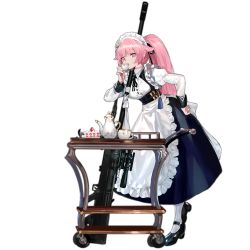 Rule 34 | 1girl, anti-materiel rifle, apron, belt, black footwear, black ribbon, breasts, buckle, cake, cart, cup, denel land systems, dress, drinking, female focus, food, frills, full body, girls&#039; frontline, gun, hand on own hip, holding, holding cup, juliet sleeves, leg up, logo, long hair, long sleeves, looking at cup, maid, maid headdress, mary janes, matching hair/eyes, multiple belts, neck ribbon, ntw-20, ntw-20 (girls&#039; frontline), ntw-20 (the aristocrat experience) (girls&#039; frontline), official alternate costume, official art, pantyhose, pink eyes, pink hair, pinky out, puffy sleeves, ran (bukeranwu), ribbon, rifle, saucer, scope, serving cart, shoes, sidelocks, skirt, sniper rifle, solo, table, tassel, teacup, teapot, transparent background, very long hair, weapon, white pantyhose, white ribbon