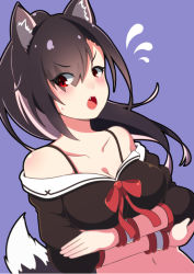 Rule 34 | 1girl, animal ears, azur lane, bare shoulders, blush, bow, breast hold, breasts, brown hair, cleavage, crossed arms, fang, flying sweatdrops, long hair, looking at viewer, medium breasts, midriff, multicolored hair, navel, open mouth, pink hair, purple background, red bow, shigure (azur lane), shoggoth 329, solo, tail, two-tone hair, wolf ears, wolf tail