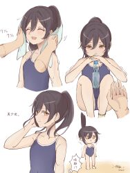 Rule 34 | 1girl, 3sarami x, aged down, anklet, black hair, blue one-piece swimsuit, bug, child, hair between eyes, highres, idolmaster, idolmaster shiny colors, jewelry, multiple views, one-piece swimsuit, ponytail, ramune, school swimsuit, shirase sakuya, solo, speech bubble, swimsuit, towel, yellow eyes