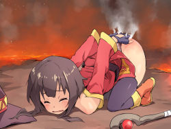 Rule 34 | 1girl, ass, bare shoulders, belt, black belt, black gloves, boots, brown footwear, burnt, closed eyes, covering privates, covering ass, dress, embers, fingerless gloves, fire, gloves, hat, kono subarashii sekai ni shukufuku wo!, long sleeves, lying, megumin, lava, on stomach, open mouth, pain, panties, red ass, red dress, short hair with long locks, single thighhigh, smoke, solo, staff, tears, thighhighs, top-down bottom-up, uchiko onigiri, underwear, wavy mouth, white panties, witch hat