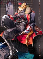 Rule 34 | animal ears, belt, coat, coat on shoulders, crown, fur trim, furry, furry male, gloves, green eyes, hat, highres, holding, holding sword, holding weapon, jacket, kazanniro, military, military hat, military uniform, ose (housamo), panther boy, panther ears, panther tail, patterned background, sitting, star (symbol), sword, tail, tokyo houkago summoners, uniform, weapon, white gloves