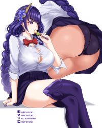 Rule 34 | 1girl, absurdres, alternate costume, ass, ass focus, black panties, bow, bowtie, bra visible through clothes, braid, bralines, breasts, button gap, cleavage, collared shirt, commentary, crossed legs, dango, earrings, eating, facebook username, feet out of frame, flower, food, genshin impact, hair flower, hair ornament, hiep studio, highres, jewelry, large breasts, long hair, long sleeves, looking to the side, low-braided long hair, low-tied long hair, mole, mole under eye, multiple views, panties, patreon username, pixiv id, pleated skirt, purple eyes, purple hair, purple skirt, purple thighhighs, raiden shogun, red bow, red bowtie, school uniform, shiny skin, shirt, simple background, sitting, skirt, thighhighs, thighs, twitter username, underwear, very long hair, wagashi, white background, white shirt