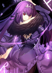 Rule 34 | 1girl, arm up, ass, back, back cutout, black background, black ribbon, breasts, brown pantyhose, closed mouth, clothing cutout, commentary request, cowboy shot, dress, fate/grand order, fate (series), frilled dress, frills, from behind, fur collar, fur trim, glowing, hair between eyes, hair ribbon, headpiece, highres, jewelry, large breasts, light particles, light trail, long dress, long hair, long sleeves, looking at viewer, looking back, md5 mismatch, pantyhose, paperfinger, purple dress, purple hair, red eyes, resolution mismatch, ribbon, runes, scathach (fate), scathach skadi (fate), smile, solo, source larger, standing, symbol, tiara, v-shaped eyebrows, v-shaped eyes, wind, wind lift