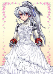 Rule 34 | 1girl, android, atlus, bare shoulders, blush, dress, joints, labrys (persona), long hair, megami tensei, persona, persona 4, persona 4: the ultimate in mayonaka arena, ponytail, red eyes, robot joints, segami daisuke, shin megami tensei, smile, solo, wedding dress
