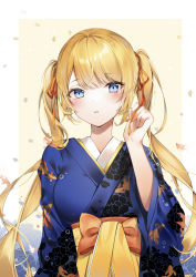 Rule 34 | 1girl, absurdres, animal print, bag, blonde hair, blue eyes, blue kimono, blush, fish, fish print, goldfish, highres, hololive, hololive english, japanese clothes, kimono, koi, long hair, looking at viewer, obi, official alternate costume, official alternate hair length, official alternate hairstyle, on head, parted lips, plastic bag, sash, solo, twintails, upper body, very long hair, virtual youtuber, water, watson amelia, watson amelia (new year), yukineko1018