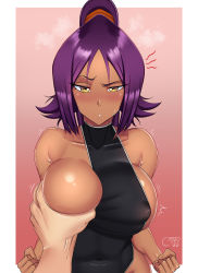 Rule 34 | 1girl, absurdres, annoyed, bare shoulders, black one-piece swimsuit, bleach, blush, border, grabbing another&#039;s breast, breasts, castell, clenched hands, covered erect nipples, covered navel, dark-skinned female, dark skin, grabbing, hairband, high ponytail, highres, long hair, one-piece swimsuit, orange hairband, parted bangs, pov, purple hair, raised eyebrow, shihouin yoruichi, sideboob, sidelocks, signature, sweatdrop, swimsuit, white border, yellow eyes