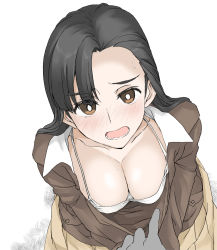 Rule 34 | 1girl, black hair, blush, bra, breasts, brown eyes, chi-hatan military uniform, cleavage, collarbone, elf (stroll in the woods), girls und panzer, highres, large breasts, long hair, looking at viewer, looking up, military, military uniform, nishi kinuyo, open mouth, simple background, skirt, sweat, underwear, uniform, white background, white bra, yellow skirt
