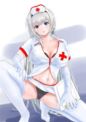 Rule 34 | 1girl, alternate costume, azur lane, black bra, black panties, blue eyes, blush, bra, breasts, cleavage, clothes lift, collarbone, commentary, cross, cross earrings, earrings, elbow gloves, full body, gloves, grey hair, hat, highres, holding, holding notepad, jewelry, large breasts, long hair, looking at viewer, mainz (azur lane), miniskirt, navel, notepad, nurse, nurse cap, open mouth, panties, simple background, sitting, skirt, skirt lift, solo, sprocket-gama, stomach, thighhighs, underwear, white gloves, white skirt, white thighhighs