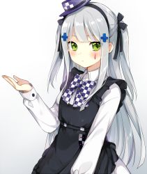 Rule 34 | 1girl, apron, black apron, black bow, blush, bow, bowtie, checkered bow, checkered bowtie, checkered clothes, checkered neckwear, closed mouth, collared shirt, commentary, dress shirt, facial mark, girls&#039; frontline, gradient background, green eyes, grey background, hair bow, hair ornament, hand up, hat, hk416 (black kitty&#039;s gift) (girls&#039; frontline), hk416 (girls&#039; frontline), leafwow, long hair, long sleeves, looking at viewer, mini hat, official alternate costume, purple hat, shirt, silver hair, skirt, solo, two side up, very long hair, white background, white shirt, white skirt